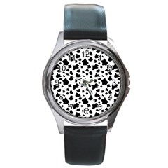 Black And White Cow Spots Pattern, Animal Fur Print, Vector Round Metal Watch by Casemiro