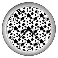 Black And White Cow Spots Pattern, Animal Fur Print, Vector Wall Clock (silver) by Casemiro