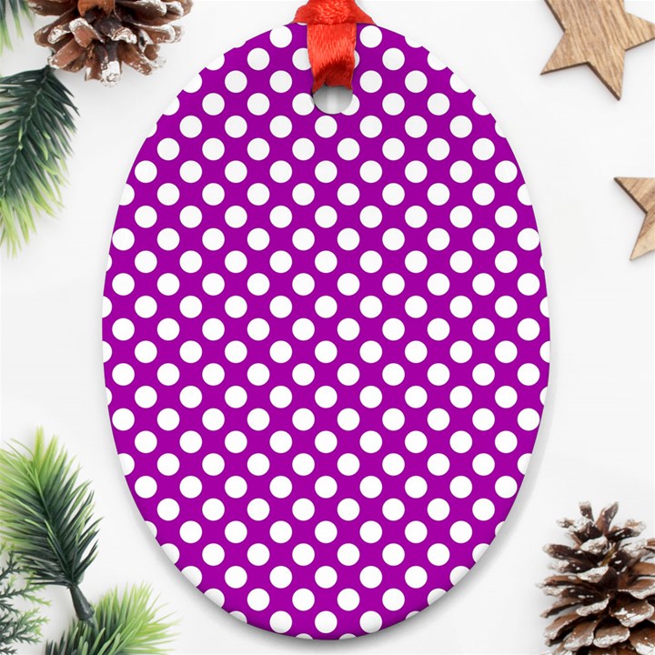 White and purple, polka dots, retro, vintage dotted pattern Ornament (Oval)