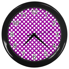 White And Purple, Polka Dots, Retro, Vintage Dotted Pattern Wall Clock (black) by Casemiro