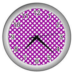 White And Purple, Polka Dots, Retro, Vintage Dotted Pattern Wall Clock (silver) by Casemiro