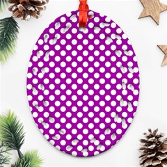 White And Purple, Polka Dots, Retro, Vintage Dotted Pattern Ornament (oval Filigree) by Casemiro