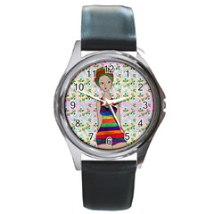 Tan Swimmer Flowerwall Round Metal Watch by snowwhitegirl