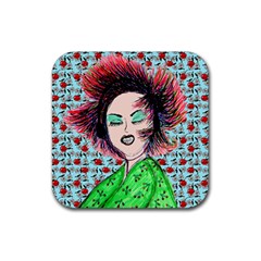 Headphones Girl W Cherries Rubber Coaster (square)  by snowwhitegirl