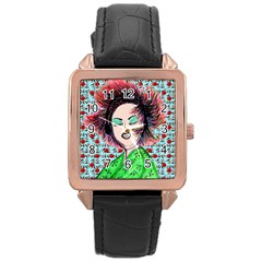 Headphones Girl W Cherries Rose Gold Leather Watch  by snowwhitegirl