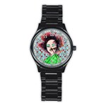 Headphones Girl W Cherries Stainless Steel Round Watch Front