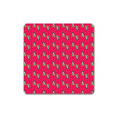 Headphones Girl Pink Red Square Magnet by snowwhitegirl