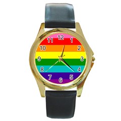 Original 8 Stripes Lgbt Pride Rainbow Flag Round Gold Metal Watch by yoursparklingshop