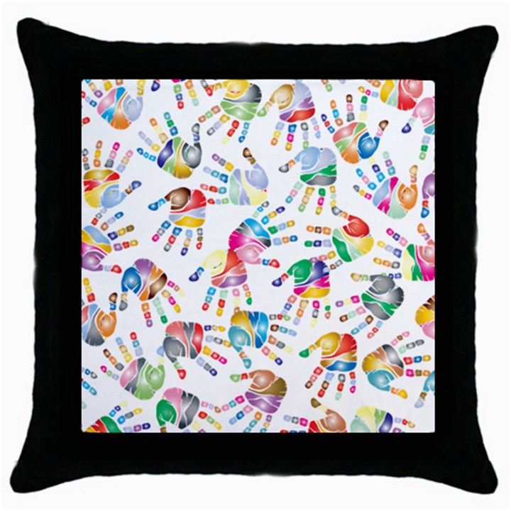 Colorful palms, hand print pattern, rainbow colors palette Throw Pillow Case (Black)