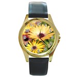 Yellow Flowers Round Gold Metal Watch Front