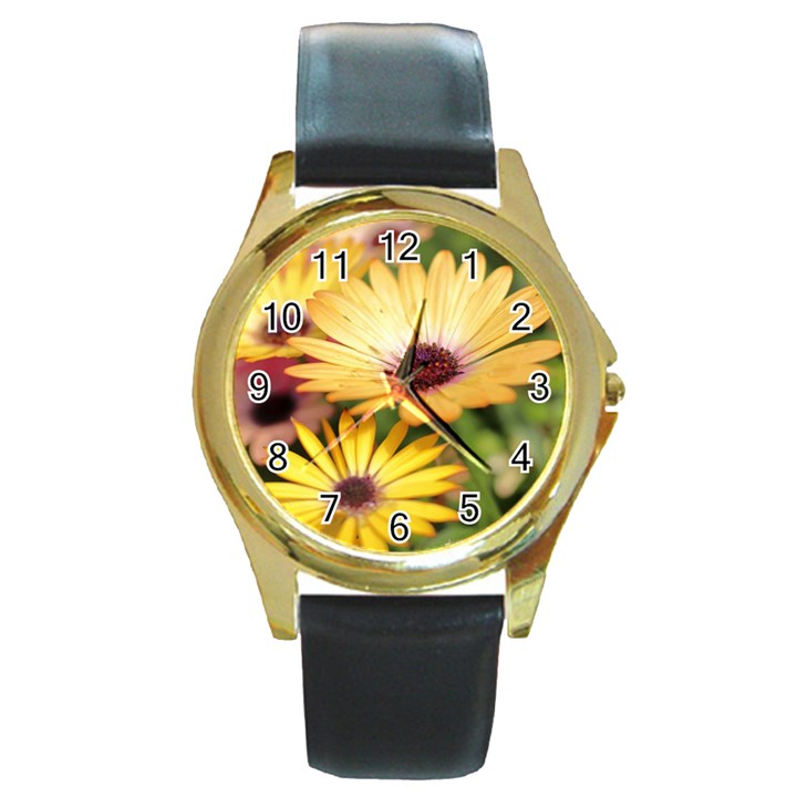 Yellow Flowers Round Gold Metal Watch