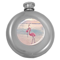 Flamingos Beach Round Hip Flask (5 Oz) by Sparkle