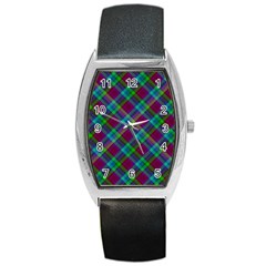 Purple, Green Tartan, Retro Buffalo Plaid Pattern, Classic Tiled Theme Barrel Style Metal Watch by Casemiro