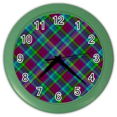 Purple, Green Tartan, Retro Buffalo Plaid Pattern, Classic Tiled Theme Color Wall Clock by Casemiro