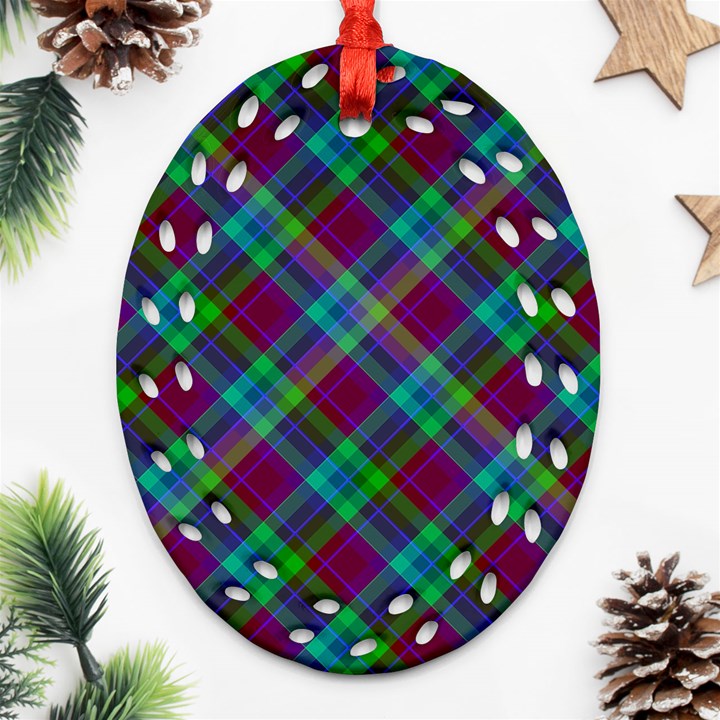 Purple, green tartan, retro buffalo plaid pattern, classic tiled theme Ornament (Oval Filigree)