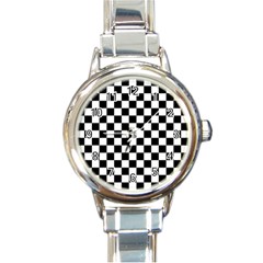 Black And White Chessboard Pattern, Classic, Tiled, Chess Like Theme Round Italian Charm Watch by Casemiro