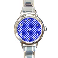 Dark Blue And White Polka Dots Pattern, Retro Pin-up Style Theme, Classic Dotted Theme Round Italian Charm Watch by Casemiro