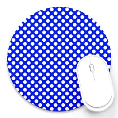 Dark Blue And White Polka Dots Pattern, Retro Pin-up Style Theme, Classic Dotted Theme Round Mousepads by Casemiro