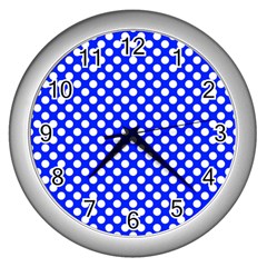 Dark Blue And White Polka Dots Pattern, Retro Pin-up Style Theme, Classic Dotted Theme Wall Clock (silver) by Casemiro