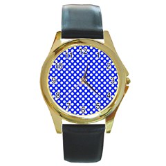 Dark Blue And White Polka Dots Pattern, Retro Pin-up Style Theme, Classic Dotted Theme Round Gold Metal Watch by Casemiro