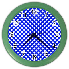 Dark Blue And White Polka Dots Pattern, Retro Pin-up Style Theme, Classic Dotted Theme Color Wall Clock by Casemiro