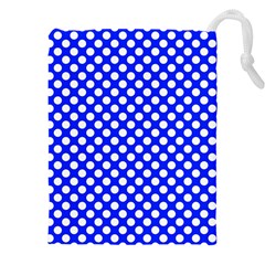 Dark Blue And White Polka Dots Pattern, Retro Pin-up Style Theme, Classic Dotted Theme Drawstring Pouch (4xl) by Casemiro