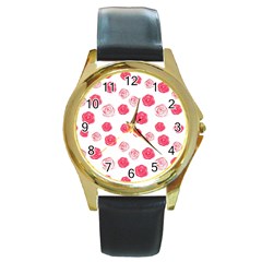 Watercolor Hand Drawn Roses Pattern Round Gold Metal Watch by TastefulDesigns