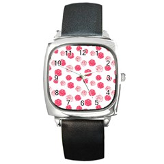 Watercolor Hand Drawn Roses Pattern Square Metal Watch