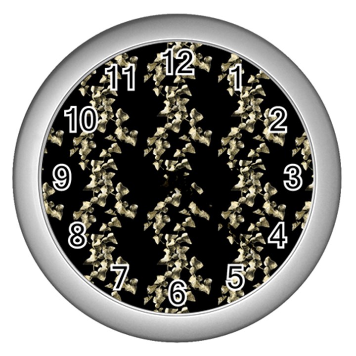 Dark Botanical Motif Pattern Wall Clock (Silver)