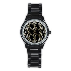 Dark Botanical Motif Pattern Stainless Steel Round Watch