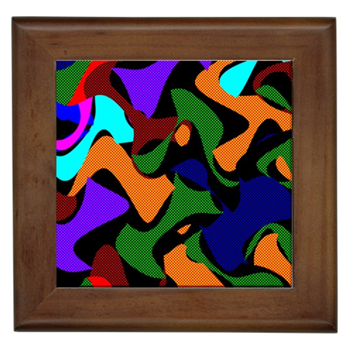 Trippy paint splash, asymmetric dotted camo in saturated colors Framed Tile