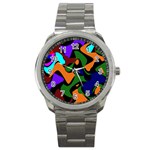 Trippy paint splash, asymmetric dotted camo in saturated colors Sport Metal Watch Front