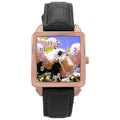 Pink Snowball Branch Rose Gold Leather Watch 