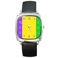 Carnival Mardi Gras Purple Yellow Green Stripes Square Metal Watch by yoursparklingshop