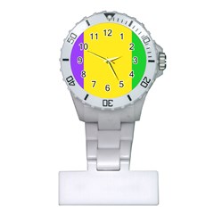 Carnival Mardi Gras Purple Yellow Green Stripes Plastic Nurses Watch by yoursparklingshop