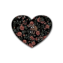 Raccoon Floral Rubber Coaster (heart)  by BubbSnugg