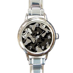 Trippy sepia paint splash, brown, army style camo, dotted abstract pattern Round Italian Charm Watch