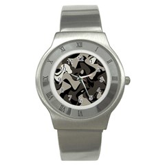 Trippy sepia paint splash, brown, army style camo, dotted abstract pattern Stainless Steel Watch