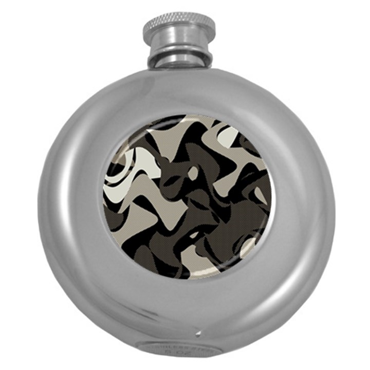 Trippy sepia paint splash, brown, army style camo, dotted abstract pattern Round Hip Flask (5 oz)