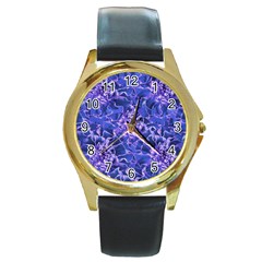 Vibrant Blue Flowers Pattern Motif Round Gold Metal Watch