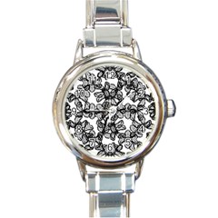 Stylized Botanical Motif Black And White Print Round Italian Charm Watch