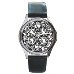 Stylized Botanical Motif Black And White Print Round Metal Watch