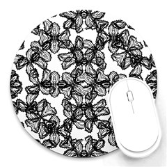 Stylized Botanical Motif Black And White Print Round Mousepads