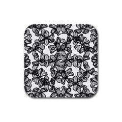 Stylized Botanical Motif Black And White Print Rubber Square Coaster (4 pack) 