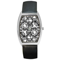 Stylized Botanical Motif Black And White Print Barrel Style Metal Watch