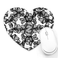 Stylized Botanical Motif Black And White Print Heart Mousepads