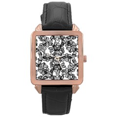 Stylized Botanical Motif Black And White Print Rose Gold Leather Watch 