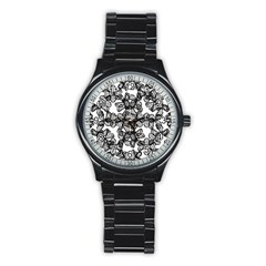 Stylized Botanical Motif Black And White Print Stainless Steel Round Watch