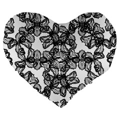 Stylized Botanical Motif Black And White Print Large 19  Premium Flano Heart Shape Cushions