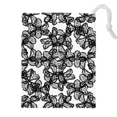 Stylized Botanical Motif Black And White Print Drawstring Pouch (5xl)